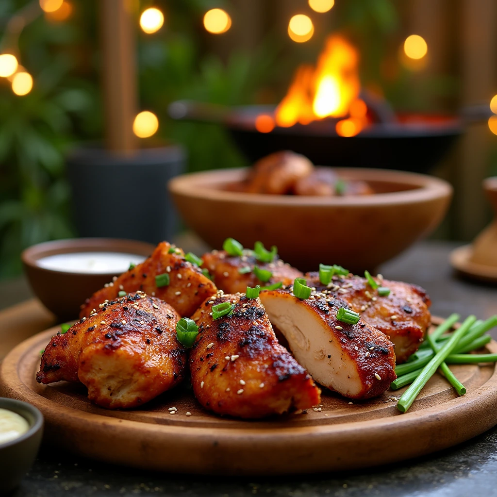 Juicy pulehu chicken sliced and served on a rustic wooden board, garnished with green onions and sesame seeds, with a cozy BBQ setting in the background