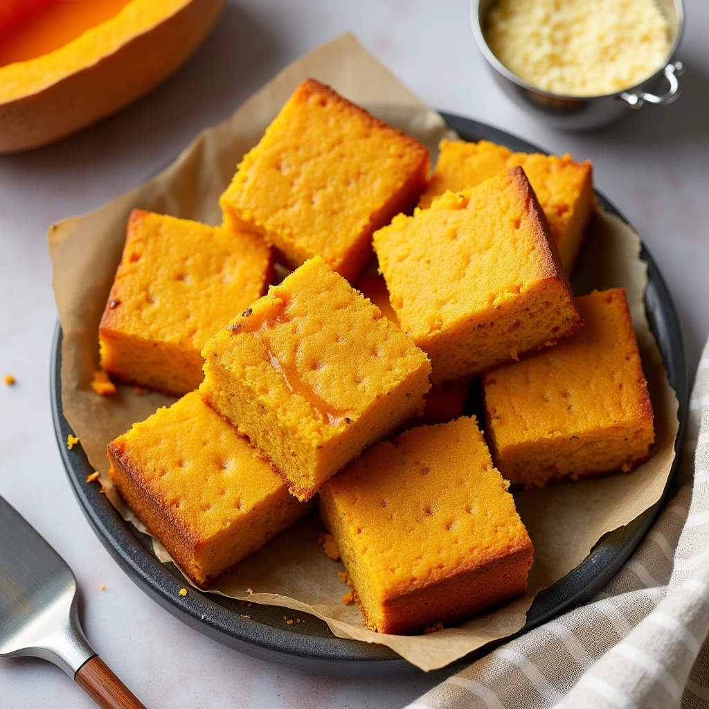 Golden, moist sweet potato cornbread squares stacked on a parchment-lined plate, with a drizzle of honey on top and cornmeal and sweet potato in the background.