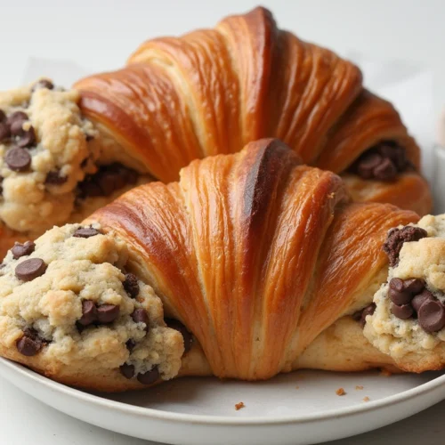 A golden, flaky cookie croissant with a rich chocolate chip cookie dough filling, served on a white plate with parchment paper.