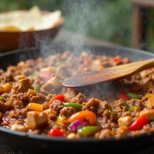 A sizzling discada recipe cooking in a traditional cast-iron disc over an open fire, with beef, chicken, onions, and peppers, creating a smoky, flavorful dish.