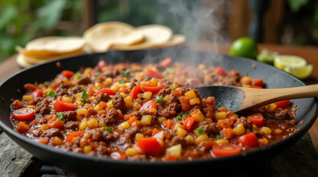 A sizzling discada recipe cooking in a large traditional metal disc with beef, chicken, onions, and bell peppers, releasing steam over an open flame.