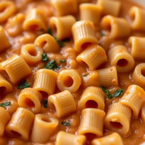 A close-up of ditalini pasta coated in a creamy tomato sauce, garnished with fresh herbs, served in a white bowl.