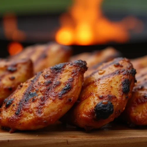 Grilled pulehu chicken sizzling over hot charcoal