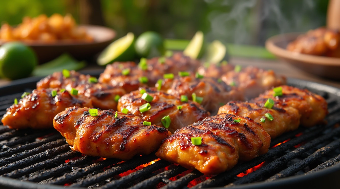 Juicy pulehu chicken grilling over hot charcoal with a golden-brown crust, smoky glaze, and garnished with fresh green onions and sesame seeds.