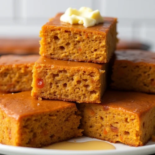 Golden-brown sweet potato cornbread squares stacked on a white plate, topped with melting butter and drizzled with honey, showcasing a moist and fluffy texture.