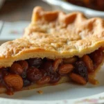 A slice of homemade raisin pie on a vintage floral plate, showing a golden flaky crust and a rich filling of plump raisins and nuts, with a fork beside it.