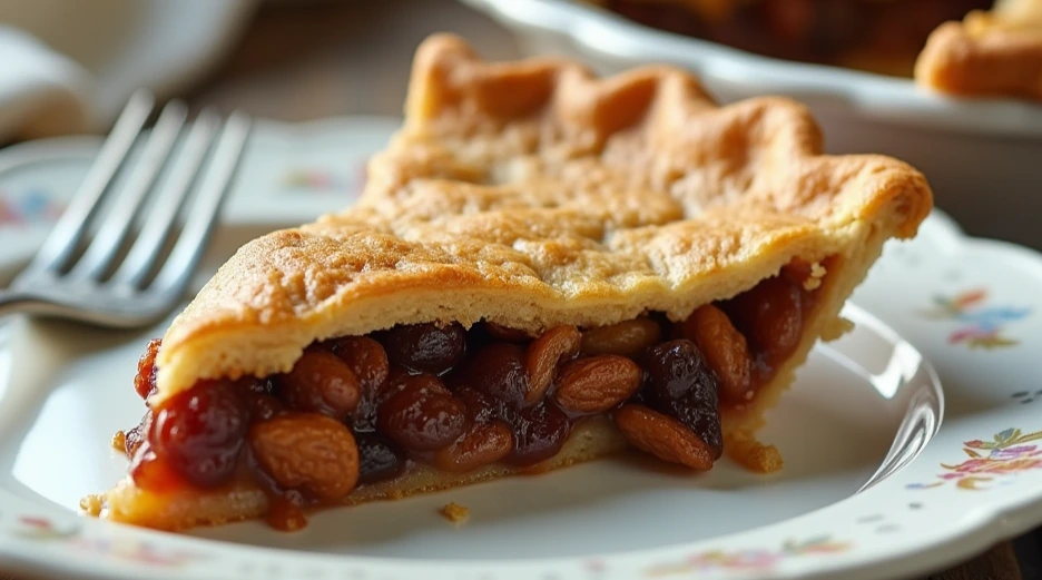 A slice of homemade raisin pie on a vintage floral plate, showing a golden flaky crust and a rich filling of plump raisins and nuts, with a fork beside it.