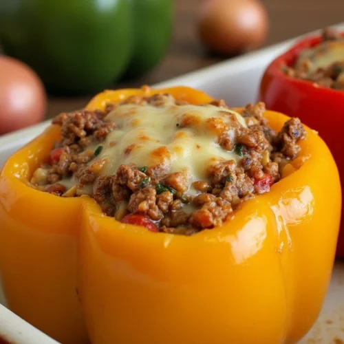 Stuffed bell peppers without rice, filled with seasoned ground beef, diced vegetables, and topped with melted cheese, served in a red and white baking dish.