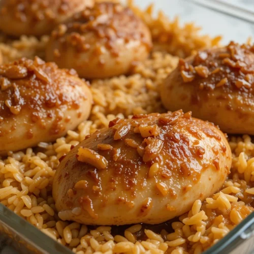 Golden-brown baked forgotten chicken recipe in a glass casserole dish, featuring juicy chicken breasts coated in a savory onion sauce, resting on a bed of seasoned rice.