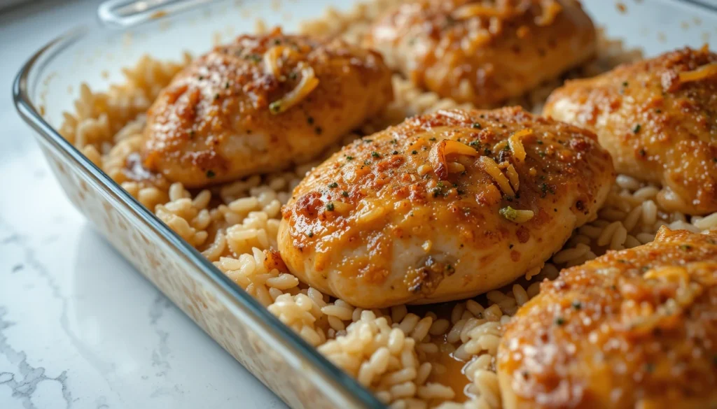 Close-up of a freshly baked forgotten chicken recipe in a glass baking dish, featuring golden-brown chicken breasts coated in a savory onion seasoning, resting on a bed of fluffy, creamy rice.