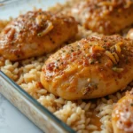 Close-up of a freshly baked forgotten chicken recipe in a glass baking dish, featuring golden-brown chicken breasts coated in a savory onion seasoning, resting on a bed of fluffy, creamy rice.