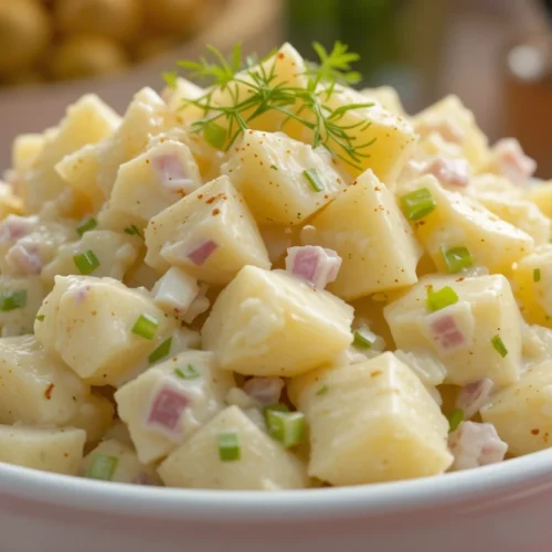 A creamy Hellmann’s Potato Salad served in a white bowl, featuring cubed Yukon Gold potatoes, Hellmann’s mayonnaise, diced red onions, green onions, and a touch of paprika. A Hellmann’s mayonnaise jar is visible in the blurred background, adding brand recognition.