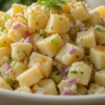 A creamy Hellmann’s Potato Salad made with tender Yukon Gold potatoes, mayonnaise dressing, diced red onions, celery, and fresh herbs, served in a white bowl.