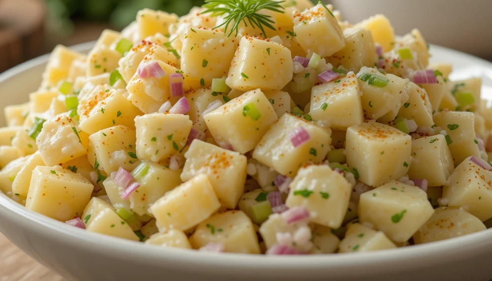 A creamy Hellmann’s Potato Salad made with tender Yukon Gold potatoes, mayonnaise dressing, diced red onions, celery, and fresh herbs, served in a white bowl.