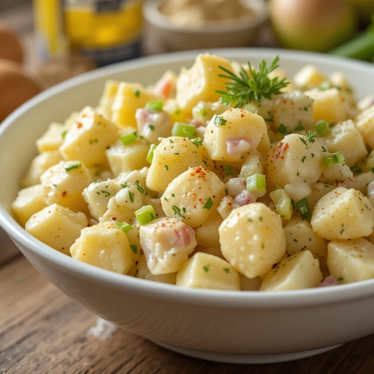 A creamy Hellmann’s Potato Salad served in a white bowl, featuring cubed Yukon Gold potatoes, mayonnaise dressing, diced red onions, green onions, and a sprinkle of paprika. A blurred Hellmann’s mayonnaise jar is visible in the background.