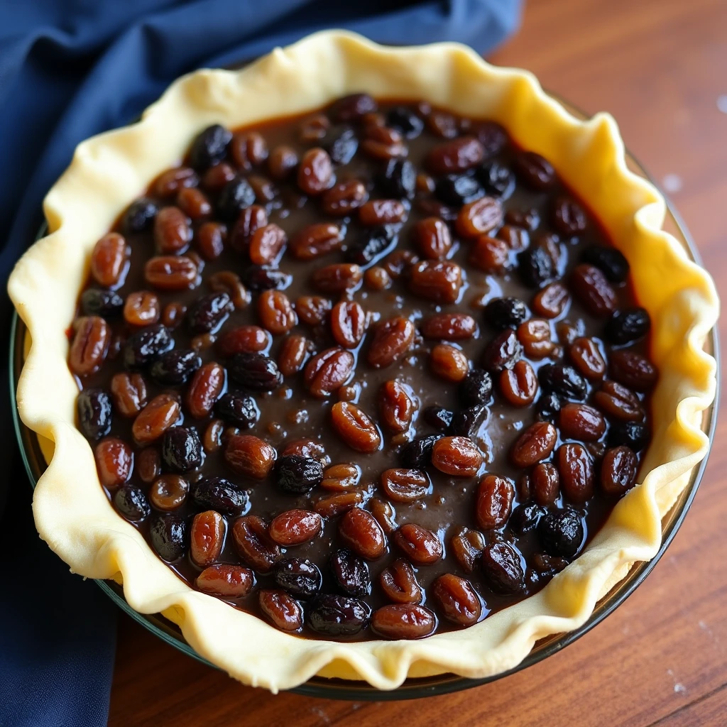 An unbaked raisin pie with a golden, crimped pastry crust filled with a glossy, caramelized raisin filling, ready to be baked in a glass pie dish.