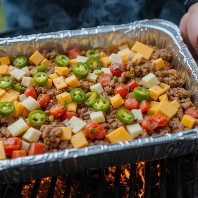 A foil pan filled with cubed cheddar and Monterey Jack cheese, sliced jalapeños, cherry tomatoes, and seasoned ground beef, placed on a hot grill with flames underneath. The ingredients are ready to be smoked for a rich, creamy queso dip.