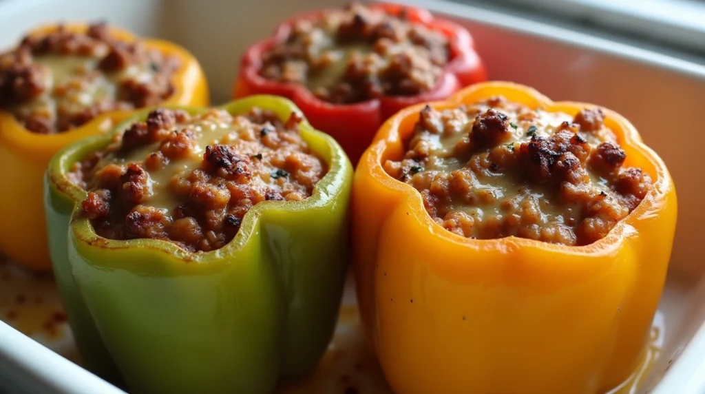 Freshly baked stuffed bell peppers without rice, filled with a savory ground meat and cheese mixture, served in a white baking dish.