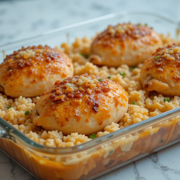 Freshly baked forgotten chicken recipe in a glass baking dish, featuring tender, golden-brown chicken breasts topped with crispy onion bits, served over fluffy, seasoned rice with a rich, savory sauce.