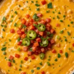 A rich and creamy smoked queso dip served in a foil pan, garnished with fresh diced tomatoes, sliced jalapeños, and chopped cilantro. This velvety, golden cheese dip is the perfect appetizer for parties, BBQs, and game days.