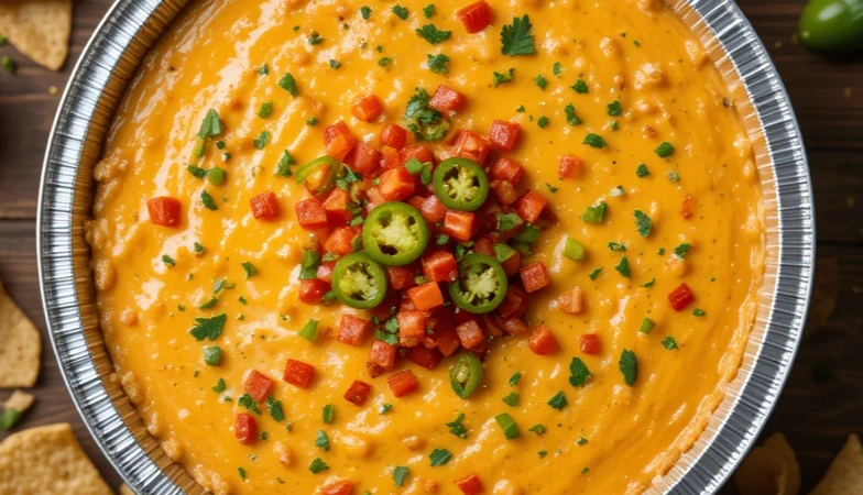 A rich and creamy smoked queso dip served in a foil pan, garnished with fresh diced tomatoes, sliced jalapeños, and chopped cilantro. This velvety, golden cheese dip is the perfect appetizer for parties, BBQs, and game days.