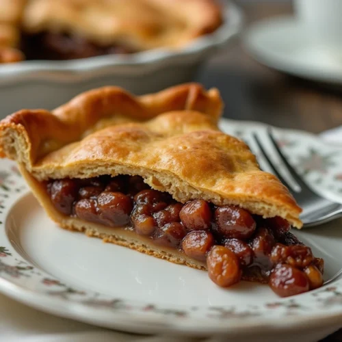 A slice of homemade raisin pie with a golden, flaky crust and a rich, glossy raisin filling, served on a vintage floral plate with a fork beside it.