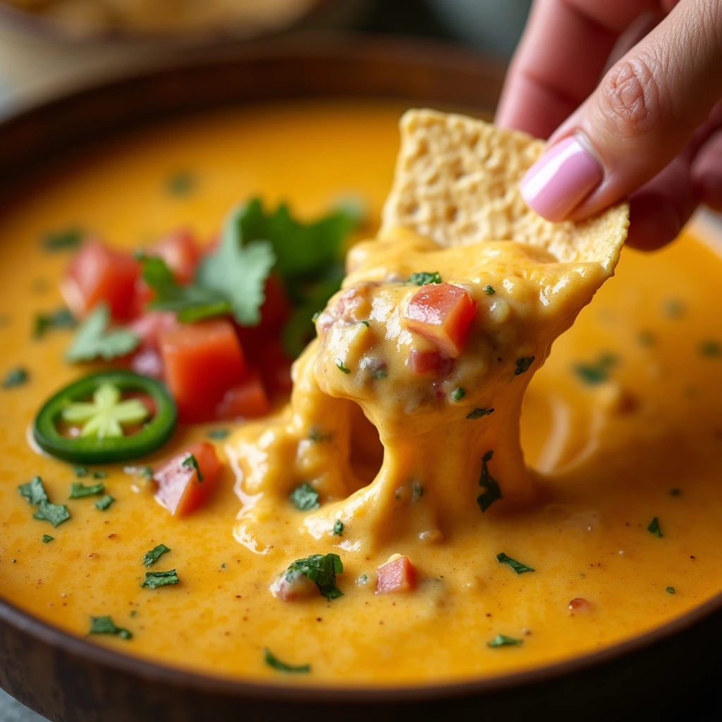 A creamy smoked queso dip served in a rustic bowl, with a tortilla chip dipped into the rich, melty cheese. Topped with diced tomatoes, sliced jalapeños, and fresh cilantro for a vibrant presentation.