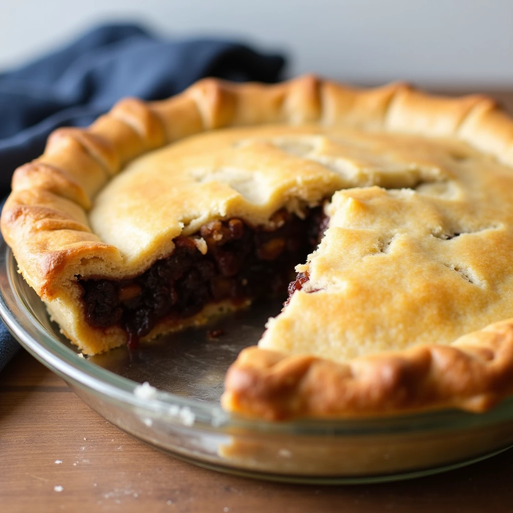 A freshly baked raisin pie with a golden, flaky crust, served in a glass pie dish with a slice removed, revealing a rich, spiced raisin filling.