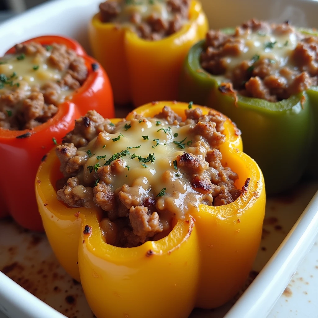 Stuffed bell peppers without rice, filled with seasoned ground beef and topped with melted cheese and fresh herbs, served in a white baking dish.