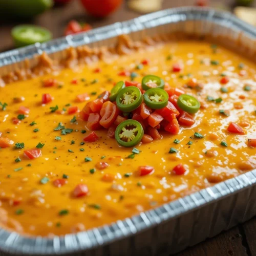 A creamy, golden smoked queso dip served in a foil pan, topped with diced tomatoes, sliced jalapeños, and fresh cilantro. The dip is surrounded by tortilla chips, creating the perfect appetizer for parties and gatherings.