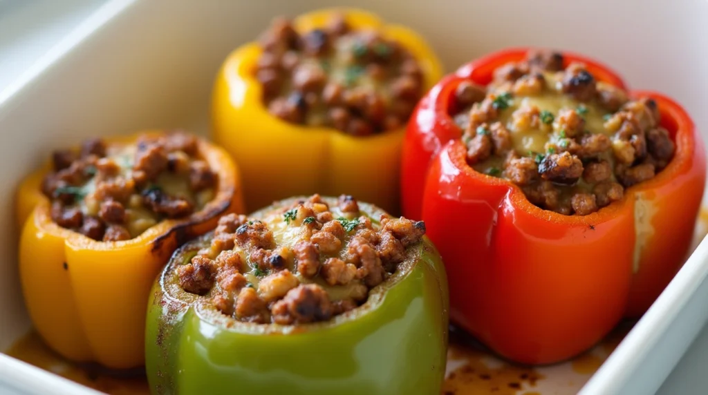 Stuffed bell peppers without rice, baked to perfection with a savory ground meat and melted cheese filling, served in a white baking dish.