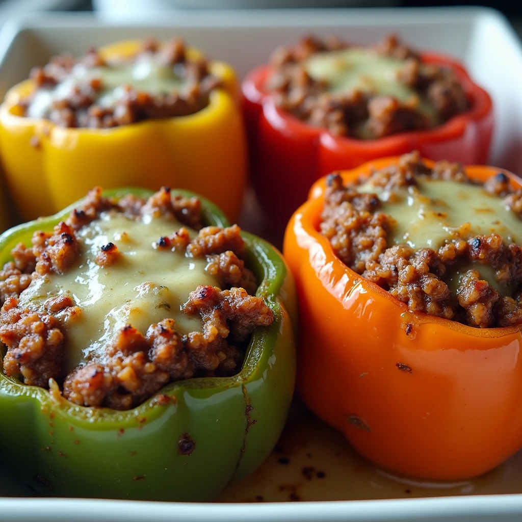 Freshly baked stuffed bell peppers without rice, filled with seasoned ground beef and topped with melted cheese, served in a white baking dish.