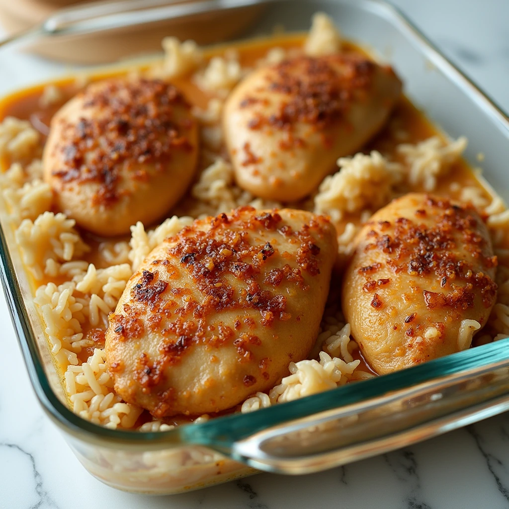 Freshly baked forgotten chicken recipe in a glass casserole dish, featuring tender, golden-brown chicken breasts with a crispy onion topping, served over fluffy, seasoned rice with a rich, savory sauce.