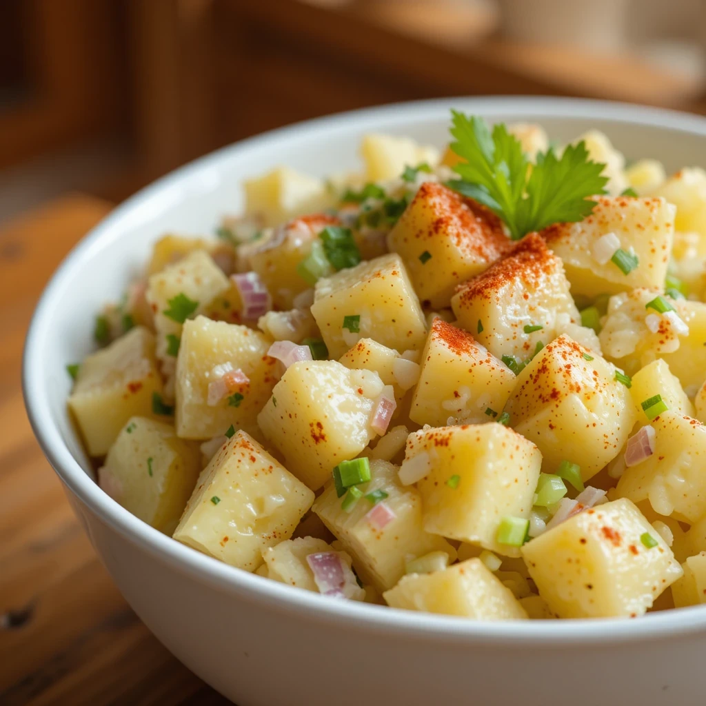 A bowl of creamy Hellmann’s Potato Salad recipe made with cubed Yukon Gold potatoes, mayonnaise dressing, diced red onions, green onions, and a sprinkle of paprika, garnished with fresh parsley.