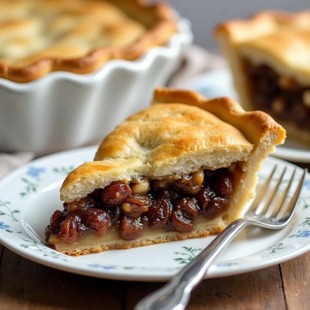 A slice of homemade raisin pie with a golden, flaky crust and a glossy, caramelized raisin and nut filling, served on a floral-patterned plate with a fork beside it.