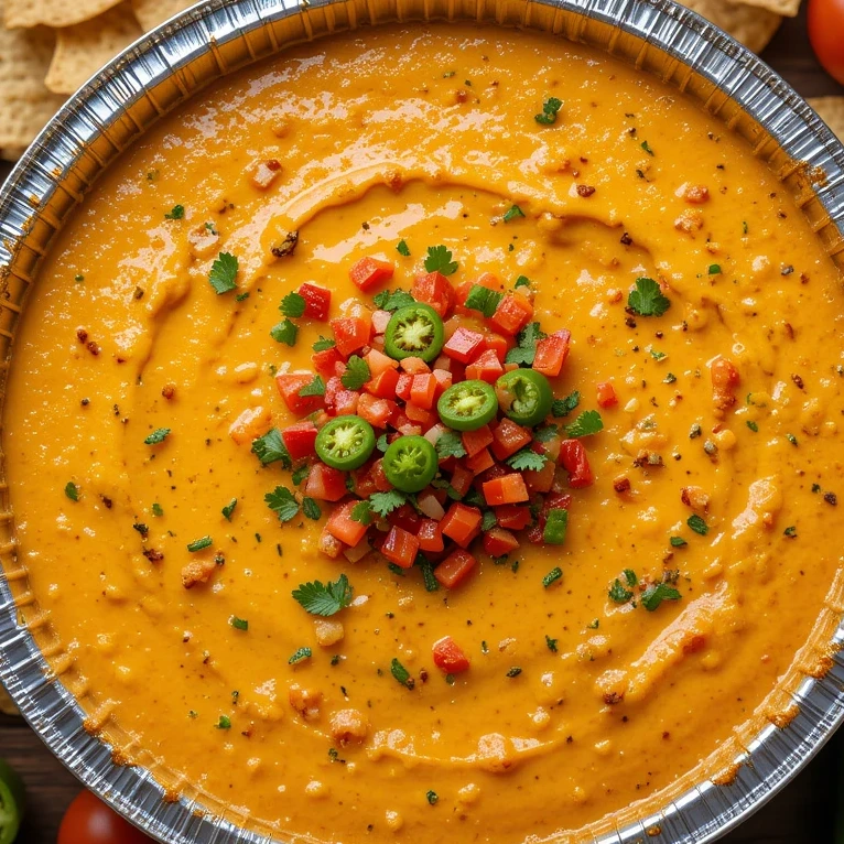 A creamy, golden smoked queso dip in a foil pan, topped with fresh diced tomatoes, sliced jalapeños, and chopped cilantro. The smooth, velvety cheese is infused with smoky flavors, making it a perfect dip for tortilla chips and party appetizers.