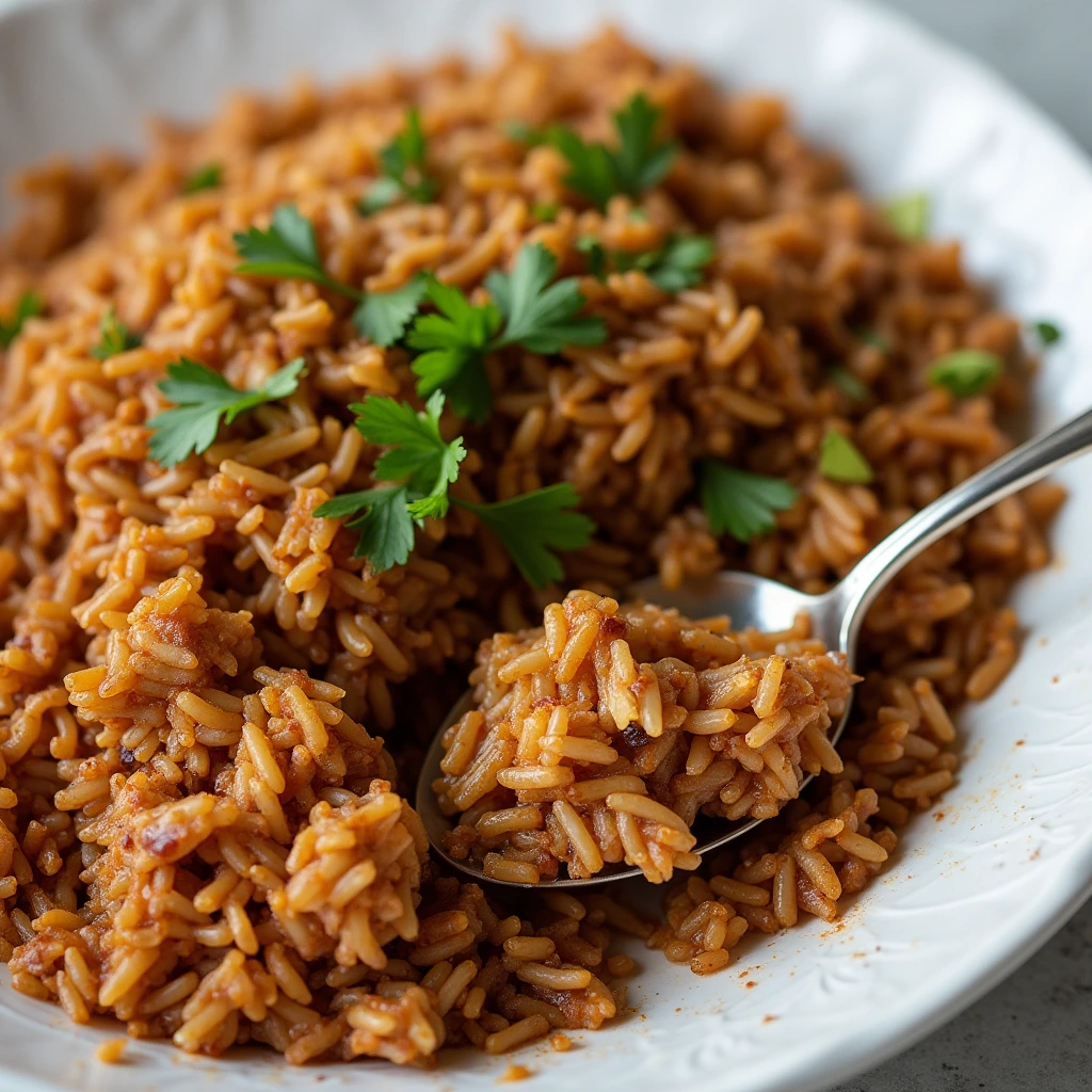 Close-up of Texas Roadhouse Seasoned Rice served on a white plate, garnished with fresh parsley and scooped with a silver spoon. Fluffy, buttery, and flavorful.