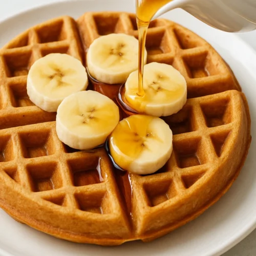 Golden banana waffle topped with fresh banana slices and maple syrup being poured, served on a white plate.