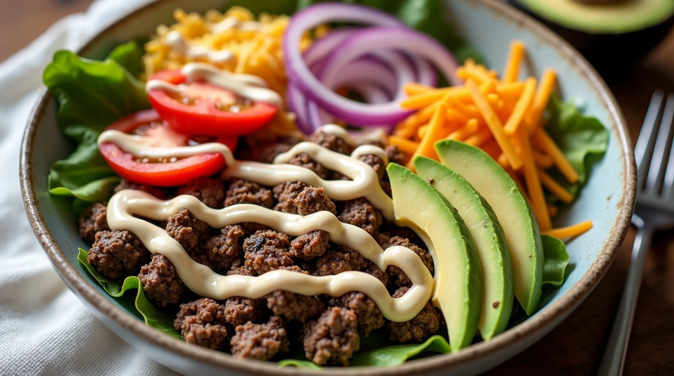 Burger bowl recipe with ground beef, avocado slices, cheddar cheese, fresh tomato, red onion, and creamy sauce in a rustic ceramic bowl