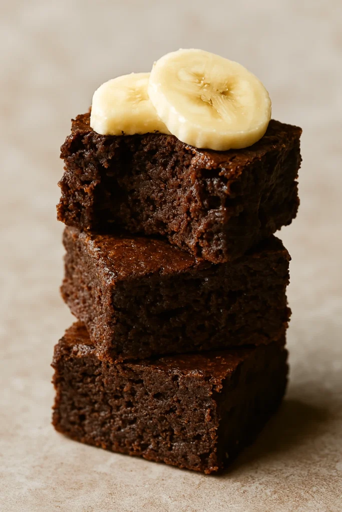 Stack of three moist banana brownies with banana slices on top, showcasing a gooey bite.