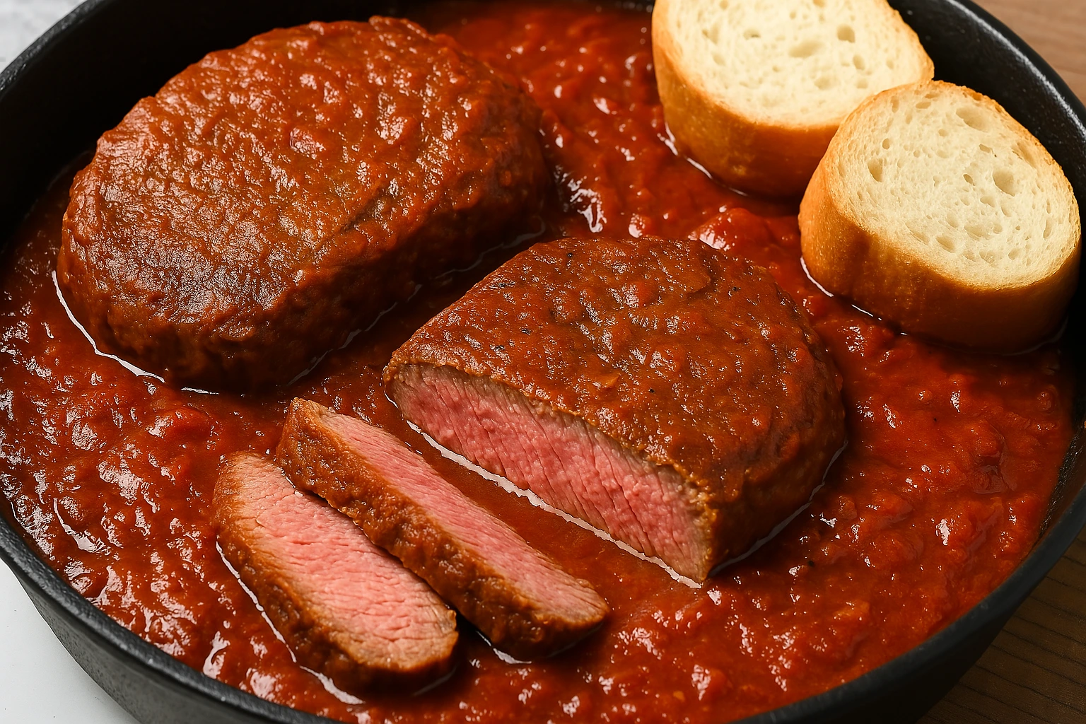 Close-up of steak pizzaiola in tomato sauce with sliced baguette in a skillet