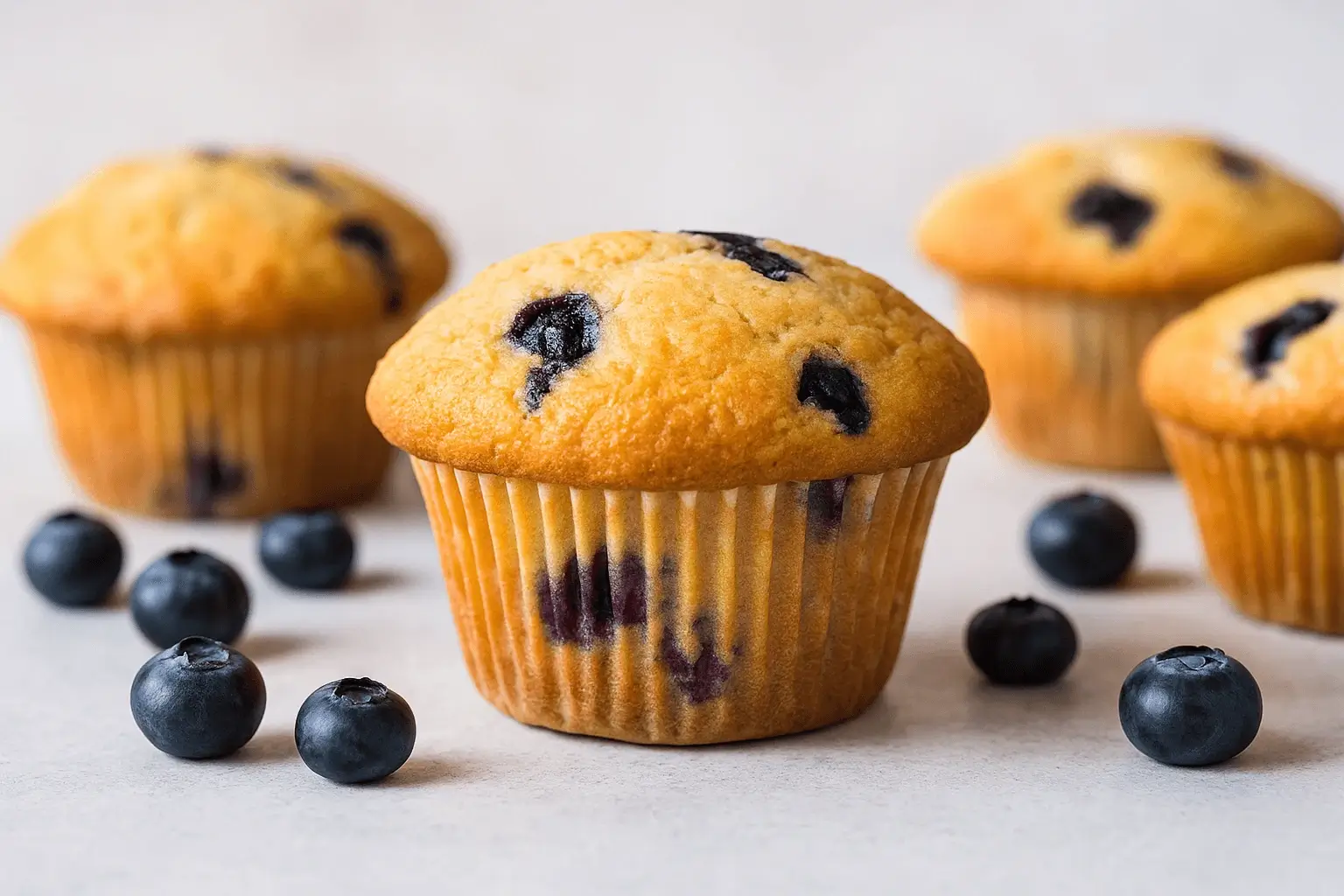 Freshly baked easy blueberry muffins on a light surface with scattered blueberries in natural light
