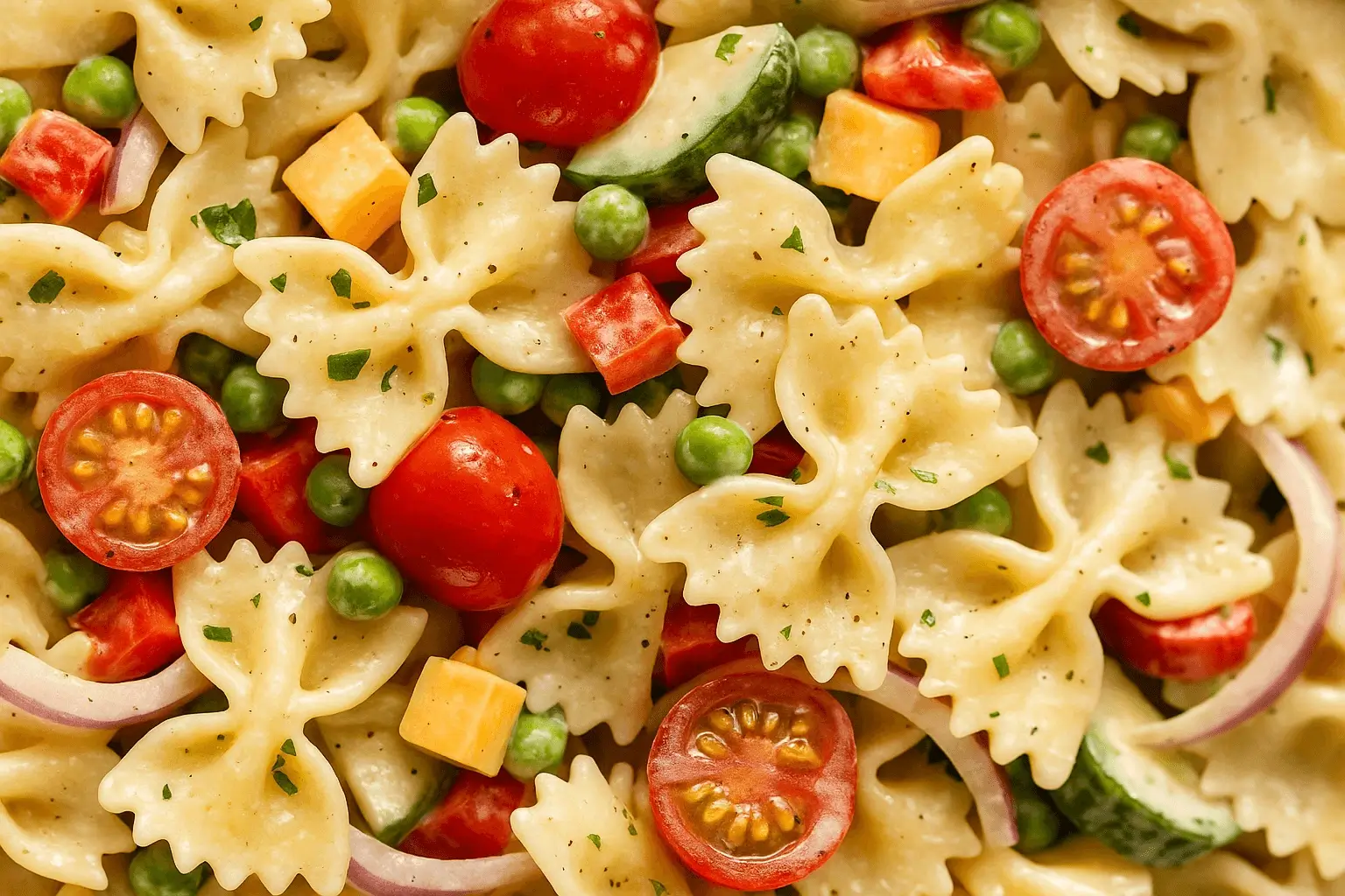 Creamy bow tie pasta salad with cherry tomatoes, peas, cucumbers, cheddar cubes, and red onion slices.
