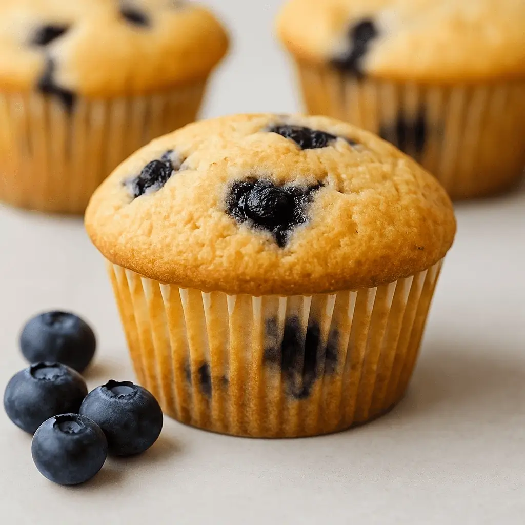 Freshly baked blueberry muffin with golden top and juicy blueberries on a light background