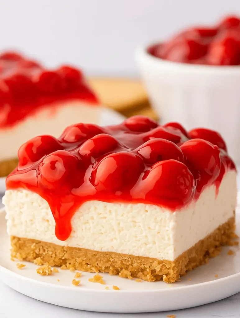 A close-up slice of cherry delight dessert featuring layers of graham cracker crust, creamy filling, and glossy cherry topping on a white plate.