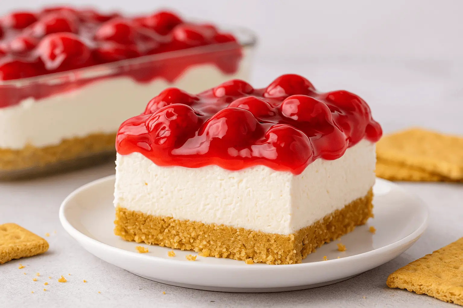 Slice of cherry delight dessert with a graham cracker crust, creamy filling, and cherry topping on a white plate.