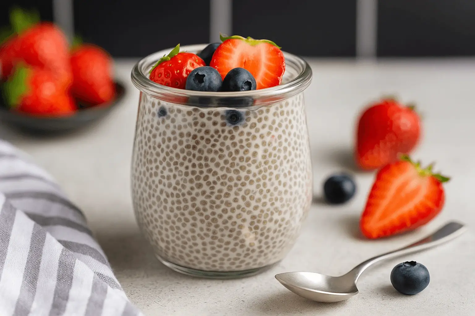 Glass jar of chia seed pudding topped with fresh strawberries and blueberries, served with a spoon and scattered fruit on a neutral background.