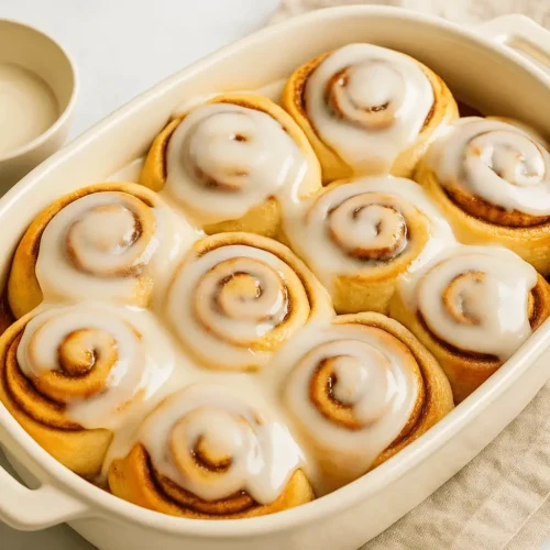 Freshly baked cinnamon rolls in a white baking dish topped with smooth cream cheese icing, with a bowl of extra icing on the side.