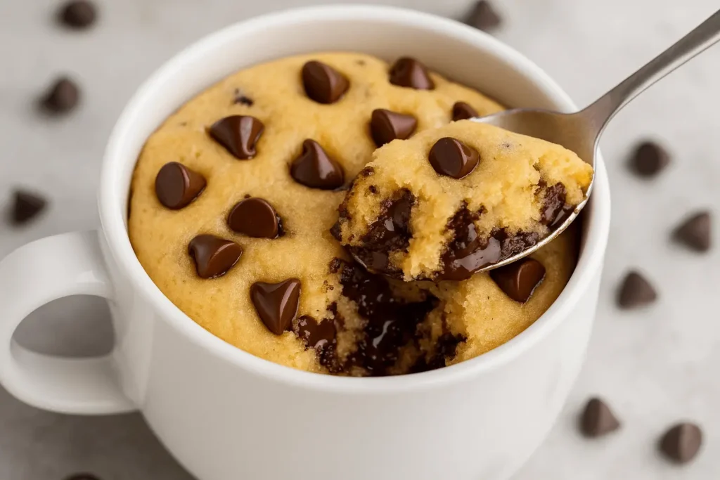 Chocolate chip cookie in a mug with melted chips, served warm in a white ceramic cup