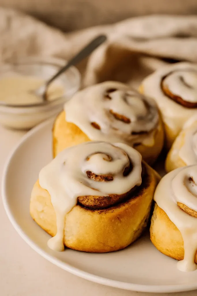 Frosted cinnamon rolls on a white plate, topped with creamy homemade icing and a bowl of extra glaze in the background.